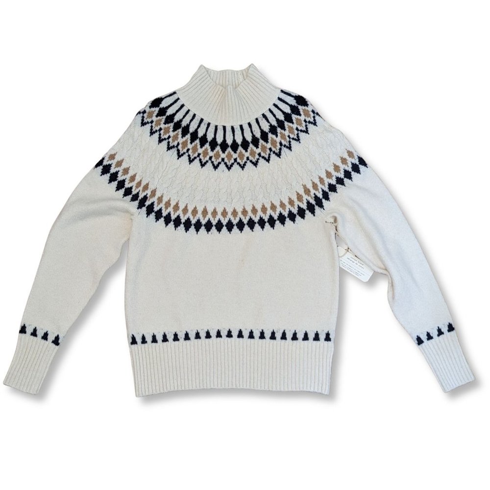NWT Artelier Nicole Miller Cream Fair Isle Mock Neck Sweater Size XS